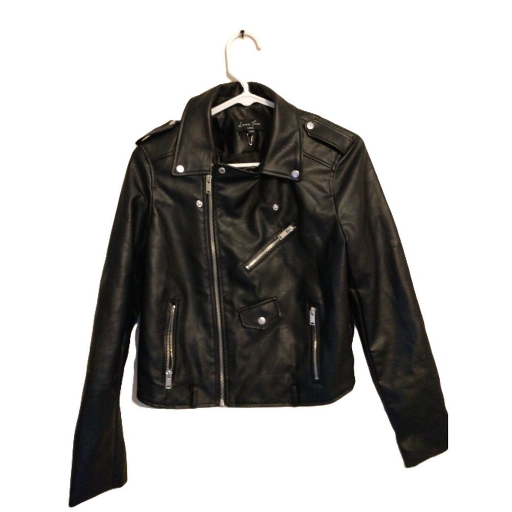 Women's Large Leather look waist cropped biker jacket. multi zippered Love Tree.